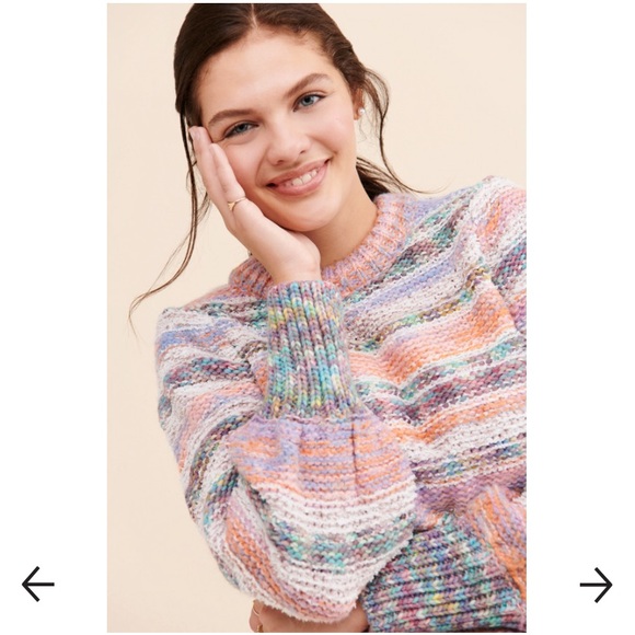 UO Rainbow Space-Dye Stripe Knit Wool Blend Balloon Puff Sleeve Pullover Sweater - Picture 10 of 15
